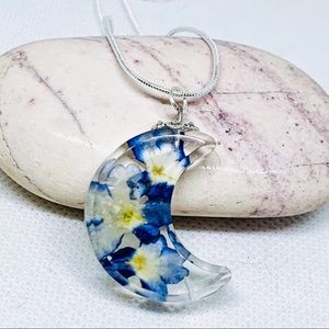 Blue verbena necklace,Crescent moon necklace